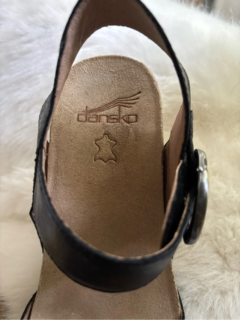 Dansko Black Leather Slingback Wedge Sandals